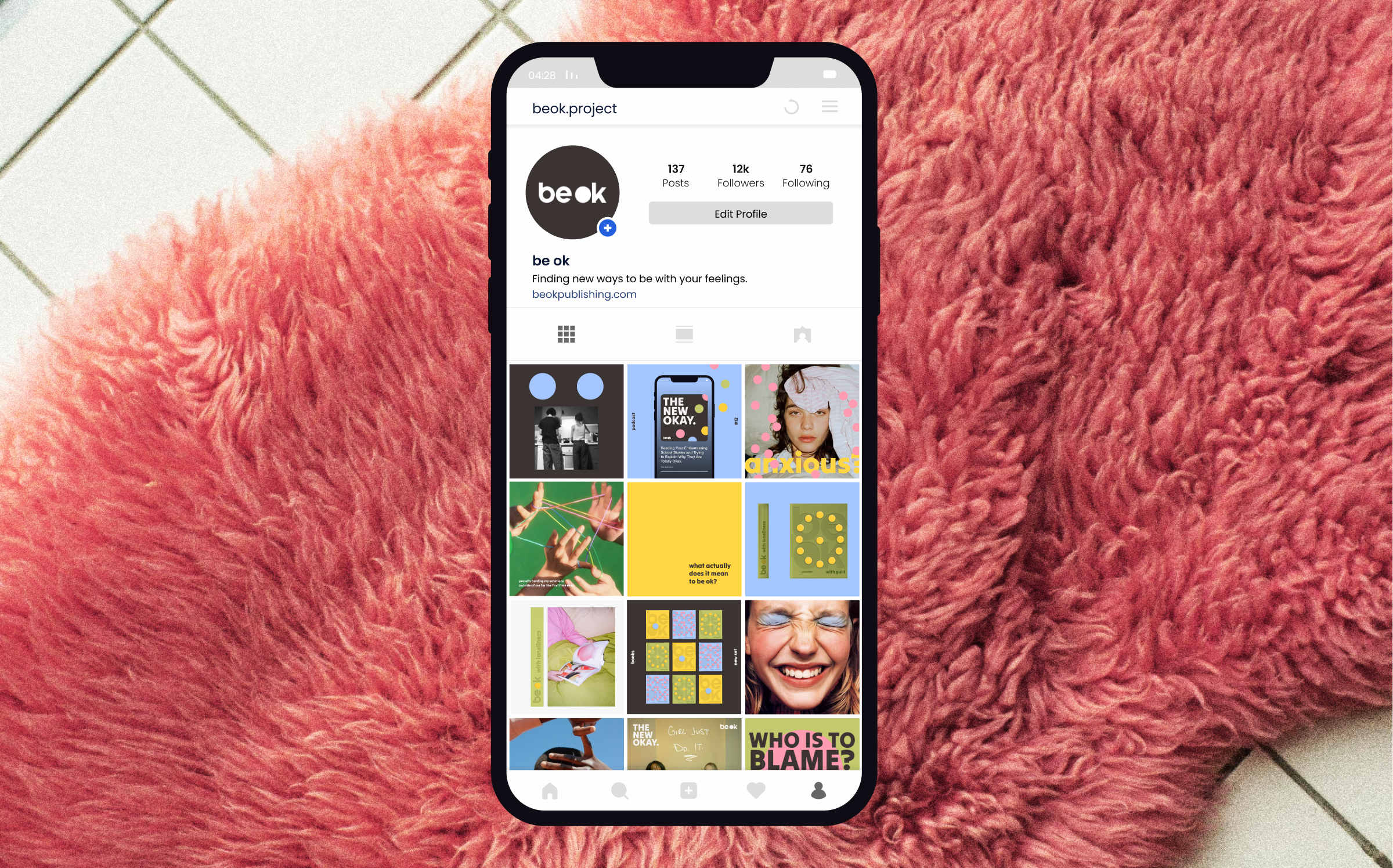 Screenshot depicting the Instagram account for 'beok.' On the right side, there are social media posts visible, while a mock-up of an iPhone showcases these posts, providing a visual representation of the account's content